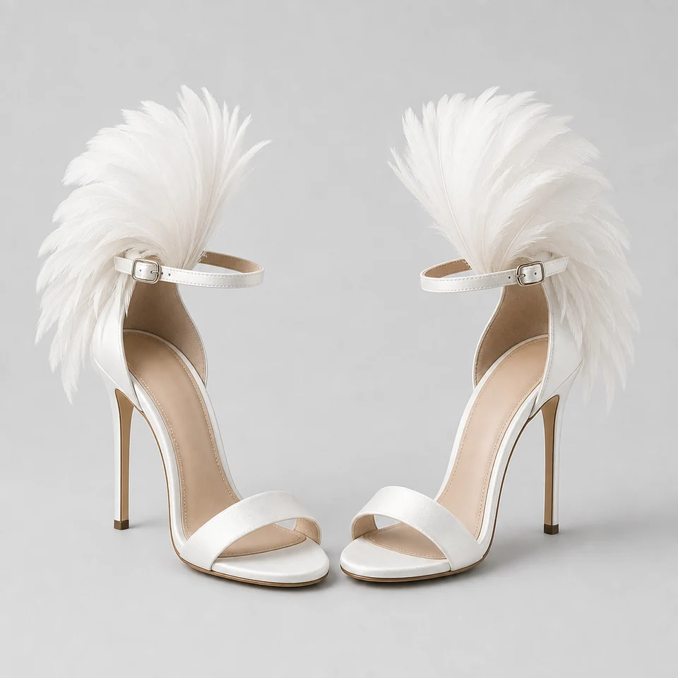 White satin-look stiletto sandal with open toe, slim ankle strap, and white feather plume at back ankle