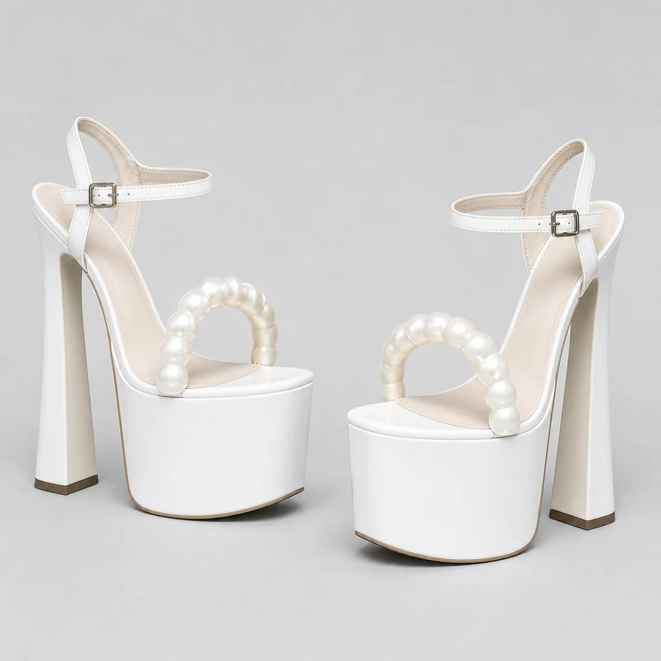 White high platform sandal with glossy finish and beaded pearl-like front strap