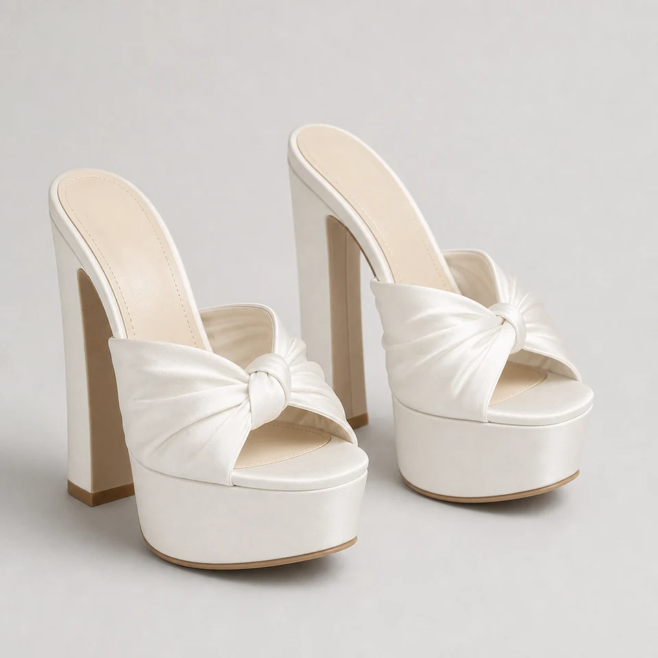 White glossy satin-look platform mules with knotted vamp and open toe