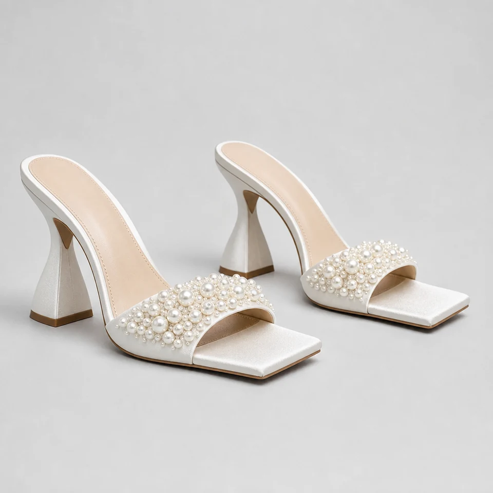 White open-toe mules with square toe, pearl embellishments on strap, and sculpted block heels