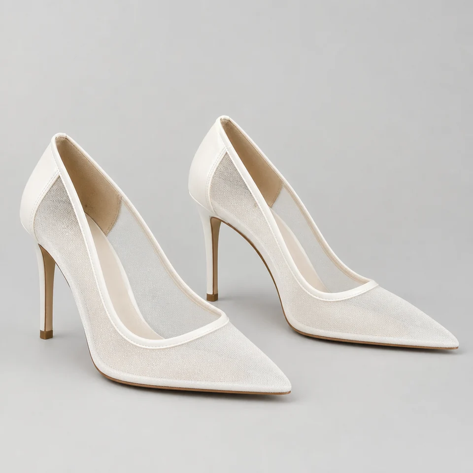 Pair of white pointed toe stiletto pumps with sheer mesh sides and glossy white trim