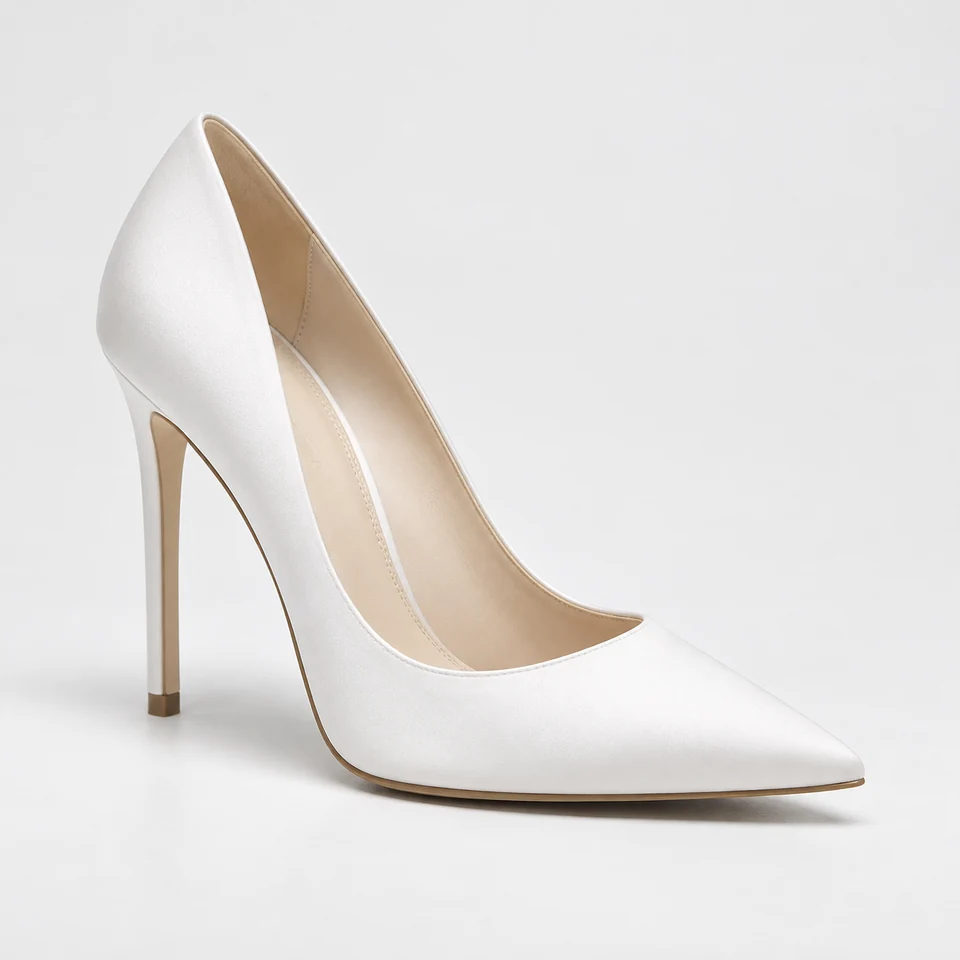 White pointed toe high stiletto heel pump with satin-look finish