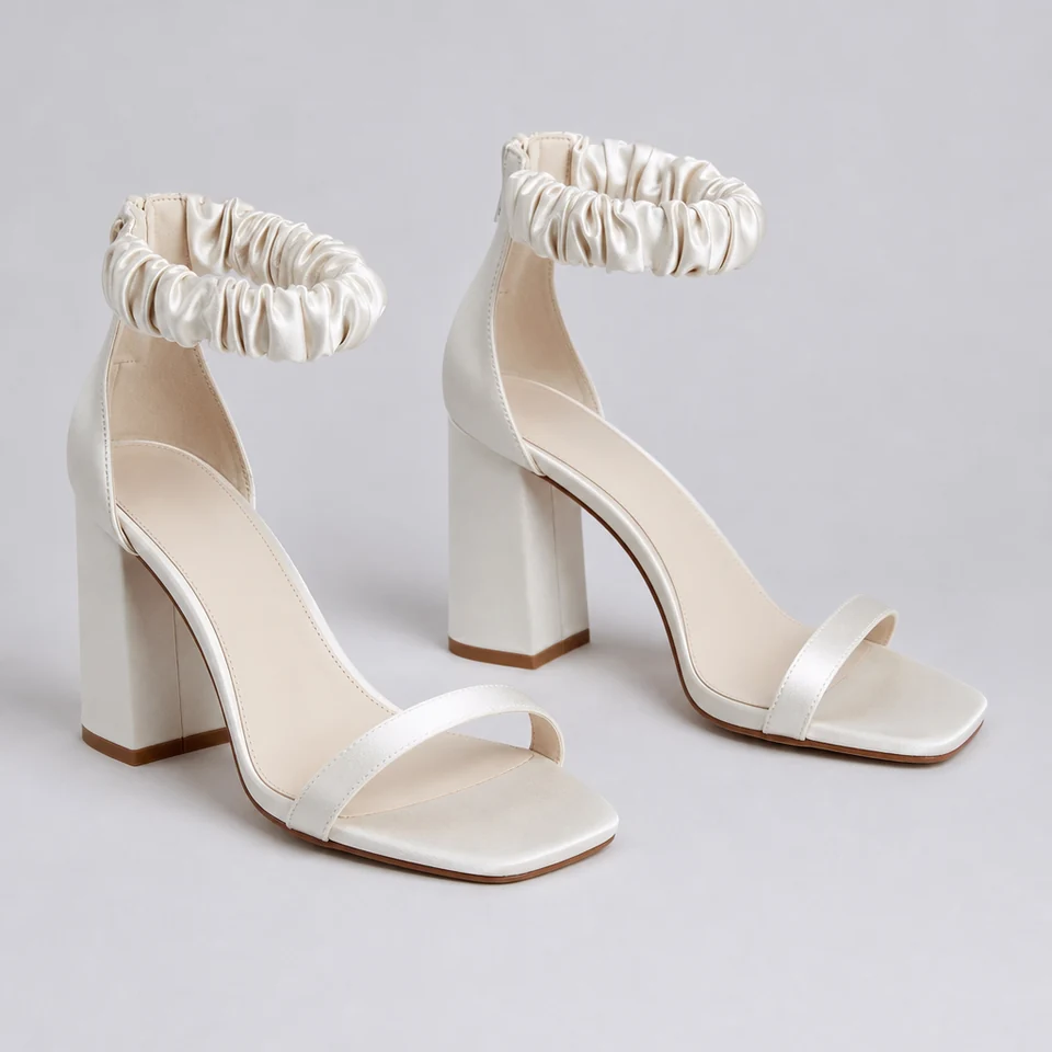 White satin-look open toe block heel sandals with ruched ankle straps