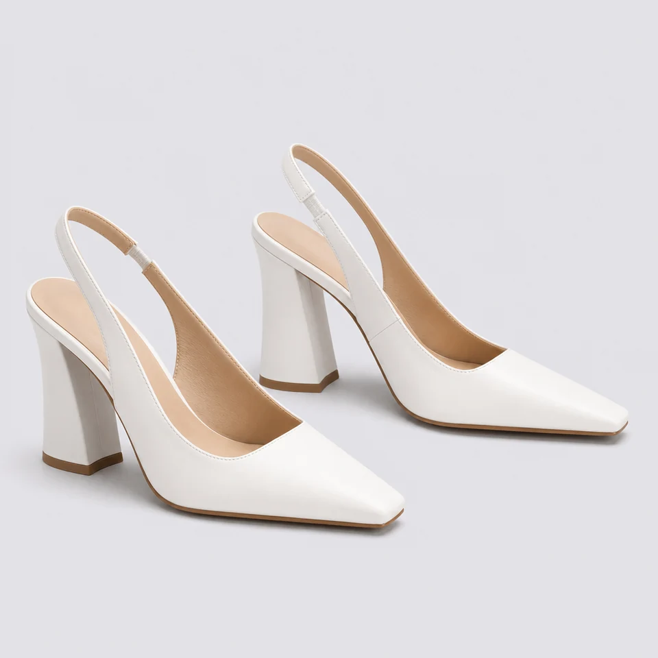 White slingback pumps with squared open toe and sculpted block heel on light background